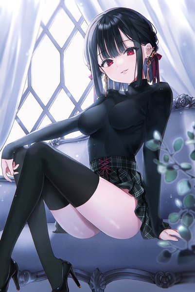 Anime picture 1370x2048 with original nekoyashiki pushio single tall image looking at viewer fringe short hair breasts light erotic black hair smile red eyes payot bent knee (knees) indoors blunt bangs long sleeves parted lips head tilt arm support
