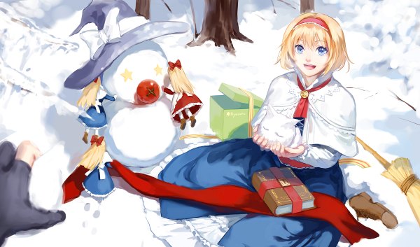 Anime picture 1200x706 with touhou kirisame marisa alice margatroid shanghai hourai untitiled long hair fringe short hair open mouth blue eyes blonde hair hair between eyes wide image multiple girls from above looking up winter snow girl