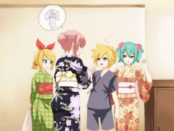 Anime picture 1600x1200 with vocaloid hatsune miku megurine luka kagamine rin kagamine len oumi sanaka japanese clothes girl kimono