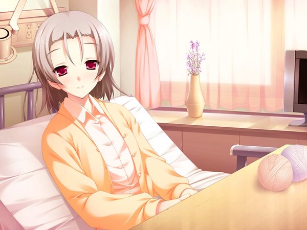 Anime picture 1024x768 with 11 eyes doga kobo short hair game cg pink eyes grey hair girl pajamas