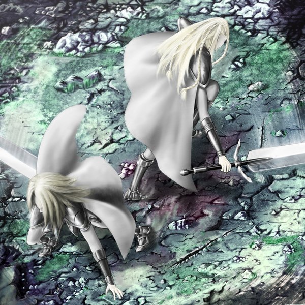 Anime picture 1600x1600 with claymore madhouse miria hysteria (claymore) long hair blonde hair multiple girls back spread arms battle girl weapon 2 girls sword boots armor cape
