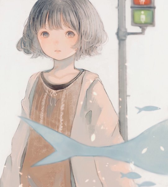 Anime picture 1480x1641 with original orie h single tall image looking at viewer fringe short hair black hair outdoors black eyes girl animal fish (fishes) traffic lights