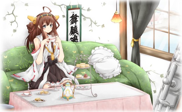 Anime picture 1950x1200 with kantai collection kongou battleship karamoneeze single long hair looking at viewer blush highres brown hair wide image sitting ahoge indoors light smile grey eyes hair bun (hair buns) nontraditional miko girl skirt hair ornament