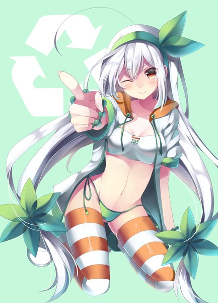 Anime picture 750x1038 with original mishima kurone single long hair tall image blush light erotic smile red eyes white hair one eye closed hair flower wink girl thighhighs navel hair ornament underwear panties flower (flowers)