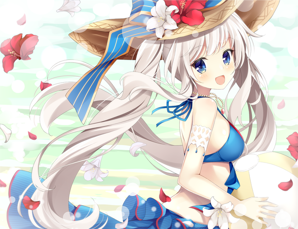 Anime-Bild 1324x1020 mit fate (series) fate/grand order marie antoinette (fate/grand order) marie antoinette (swimsuit caster) (fate) maccha single looking at viewer blush fringe breasts open mouth blue eyes light erotic smile standing twintails holding silver hair very long hair :d