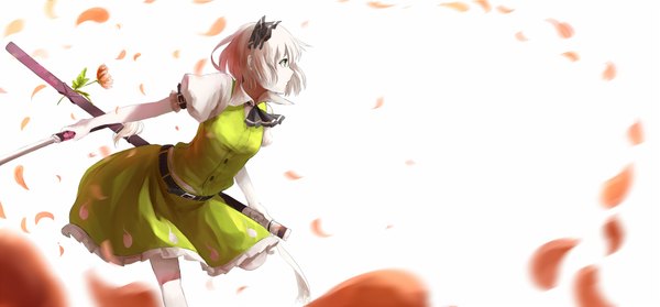 Anime picture 1920x894 with touhou konpaku youmu nishiuri (artist) single fringe highres short hair breasts simple background wide image white background holding silver hair aqua eyes pale skin fighting stance girl skirt flower (flowers) weapon