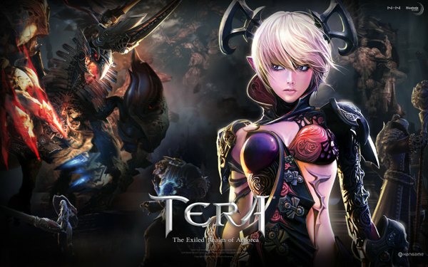 Anime picture 1400x875 with tera online single short hair blonde hair wide image purple eyes horn (horns) pointy ears realistic inscription girl armor