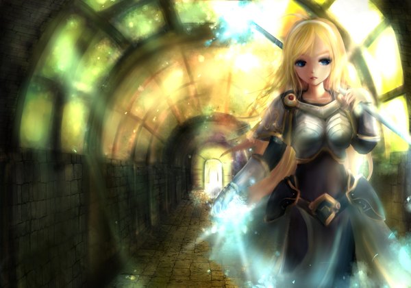 Anime-Bild 2000x1400 mit league of legends lux (league of legends) zhang xiao bo single long hair fringe highres blue eyes blonde hair standing holding looking away glowing girl gloves weapon hairband armor knife