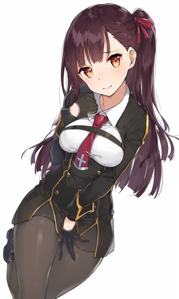 Anime picture 700x1169 with girls frontline wa2000 (girls frontline) rikoma single long hair tall image looking at viewer fringe breasts simple background white background brown eyes purple hair blunt bangs head tilt light smile one side up double buttons girl gloves