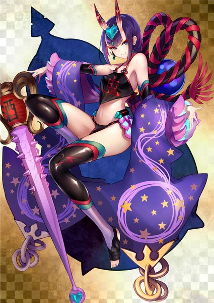 Anime picture 1278x1804 with fate (series) fate/grand order shuten douji (fate) shuten douji (halloween caster) (fate) jazztaki single tall image looking at viewer blush fringe short hair blue eyes light erotic smile payot purple hair full body bent knee (knees) blunt bangs horn (horns)