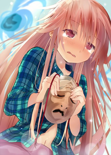 Anime picture 720x1000 with touhou hata no kokoro efe single long hair tall image looking at viewer blush red eyes pink hair tears crying plaid girl navel shirt mask
