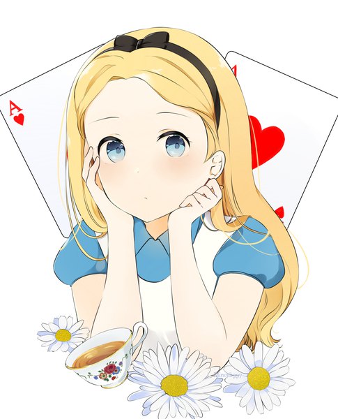 Anime picture 2100x2600 with alice in wonderland alice (wonderland) sunnypoppy minori1997 single long hair tall image looking at viewer highres blue eyes blonde hair simple background white background short sleeves puffy sleeves girl flower (flowers) hairband cup card (cards)