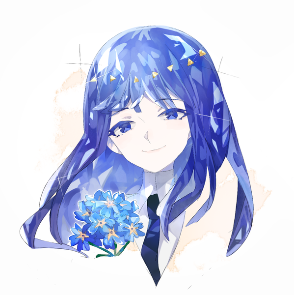 Anime picture 900x902 with houseki no kuni lapis lazuli (houseki no kuni) captain yue single long hair tall image looking at viewer blue eyes simple background smile white background blue hair sparkle portrait androgynous flower (flowers) necktie