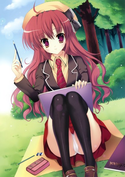 Anime picture 2233x3143 with mitha single long hair tall image highres light erotic purple eyes red hair pantyshot sitting girl thighhighs underwear panties black thighhighs plant (plants) tree (trees) necktie pencil eraser sketchbook