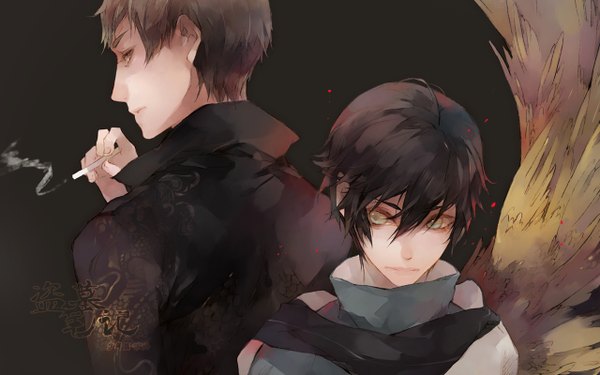 Anime picture 1280x800 with daomu (grave robbery note) wu xie mlcamaro short hair black hair brown hair wide image looking back from behind grey eyes black background smoke smoking boy scarf cigarette