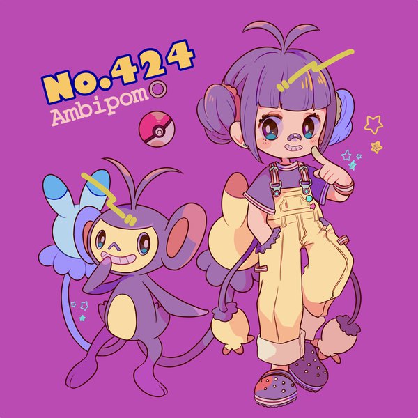 Anime picture 1981x1981 with pokemon nintendo ambipom mameeekueya single blush fringe highres simple background smile payot purple hair full body ahoge blunt bangs hair bun (hair buns) character names finger to mouth hand in pocket purple background