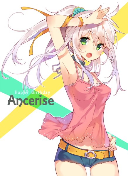Anime picture 600x825 with original anceril sacred mishima kurone single long hair tall image looking at viewer blush fringe open mouth green eyes silver hair ahoge white hair ponytail arm up armpit (armpits) hand on hip groin happy birthday
