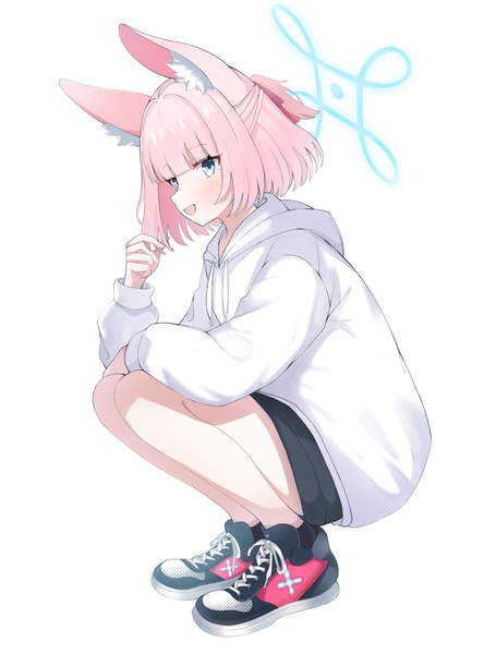 Anime-Bild 1400x1891 mit blue archive niko (blue archive) preste single tall image fringe short hair open mouth blue eyes simple background white background animal ears pink hair full body blunt bangs :d squat half updo playing with hair girl