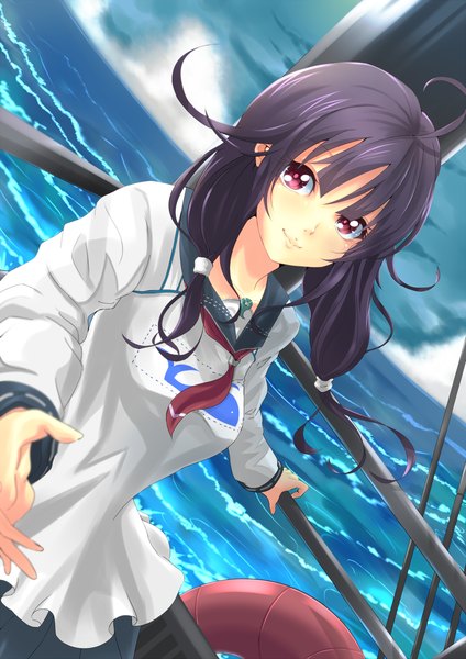 Anime picture 1000x1414 with kantai collection taigei light aircraft carrier endou (zettai bluenoid) single long hair tall image looking at viewer black hair red eyes twintails light smile low twintails girl dress water sailor suit
