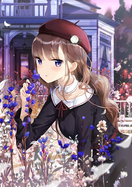 Anime picture 670x948 with original fuumi (radial engine) single long hair tall image looking at viewer blush fringe brown hair purple eyes holding blunt bangs long sleeves parted lips leaning leaning forward wavy hair sniffing girl flower (flowers)