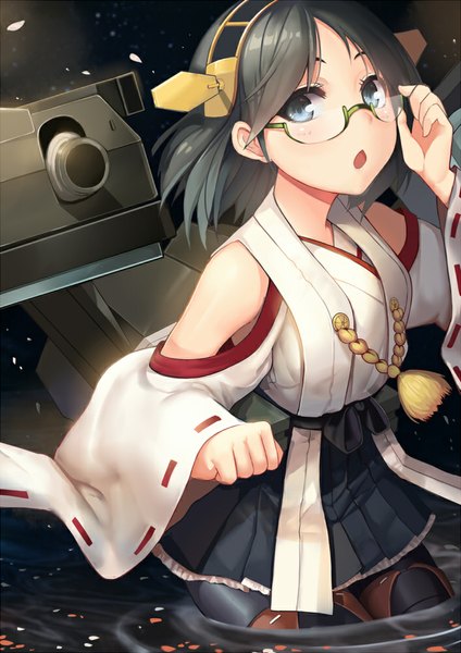 Anime picture 707x1000 with kantai collection kirishima battleship akizone single tall image looking at viewer short hair open mouth blue eyes black hair traditional clothes nontraditional miko girl hair ornament weapon detached sleeves water glasses