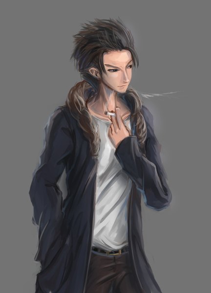 Anime picture 1000x1388 with original kikivi single tall image short hair simple background brown hair looking away grey background grey eyes hand in pocket smoking boy belt pants t-shirt coat cigarette