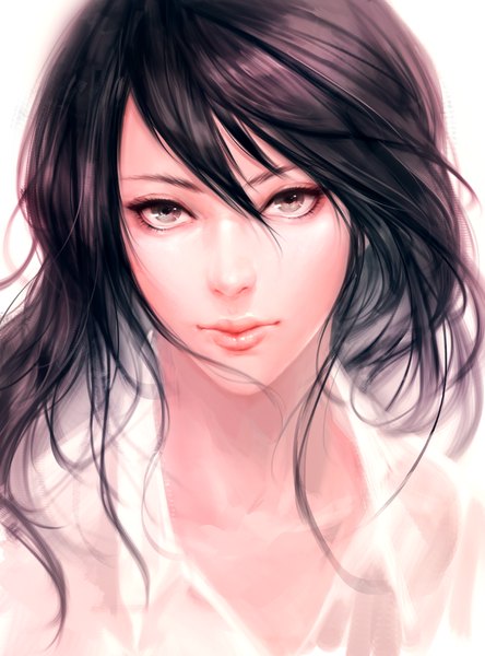 Anime picture 888x1200 with arieaesu single long hair tall image looking at viewer black hair lips grey eyes face messy hair girl shirt