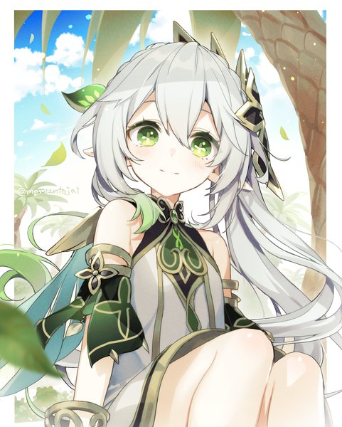 Anime picture 1570x1958 with genshin impact nahida (genshin impact) memeno single long hair tall image looking at viewer fringe smile hair between eyes sitting green eyes sky silver hair cloud (clouds) pointy ears side ponytail border symbol-shaped pupils outside border