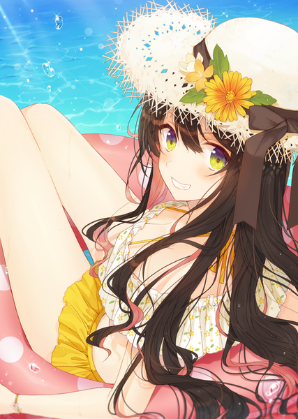 Anime picture 854x1200 with kantai collection naganami destroyer hiiragi souren single long hair tall image looking at viewer blush fringe breasts smile hair between eyes brown hair payot cleavage parted lips looking back sunlight teeth sparkle