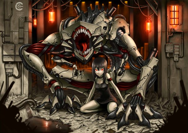 Anime picture 1800x1272 with gia highres open mouth black hair red eyes teeth sharp teeth girl water tongue wire (wires) lamp monster mecha