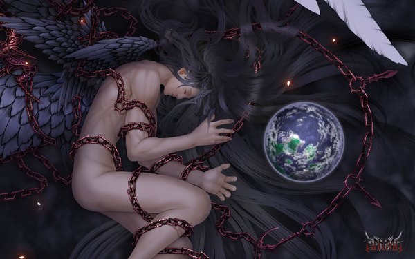 Anime picture 1680x1050 with anima wen-m single long hair light erotic black hair wide image eyes closed realistic inscription wallpaper black wings boy wings chain feather (feathers) planet