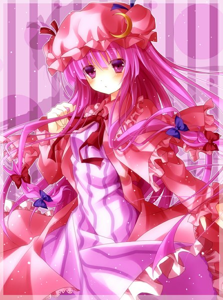 Anime picture 800x1075 with touhou patchouli knowledge mog (artist) single long hair tall image looking at viewer blush purple eyes purple hair girl dress bow hair bow bonnet