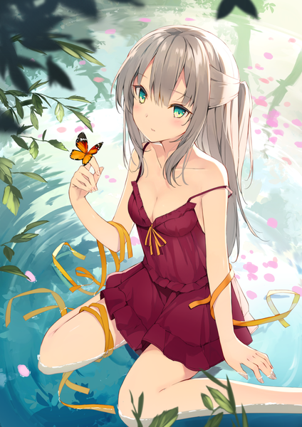Anime picture 1200x1697 with original sutorora single long hair tall image looking at viewer blush fringe breasts open mouth light erotic hair between eyes sitting green eyes payot cleavage silver hair fingernails from above blurry