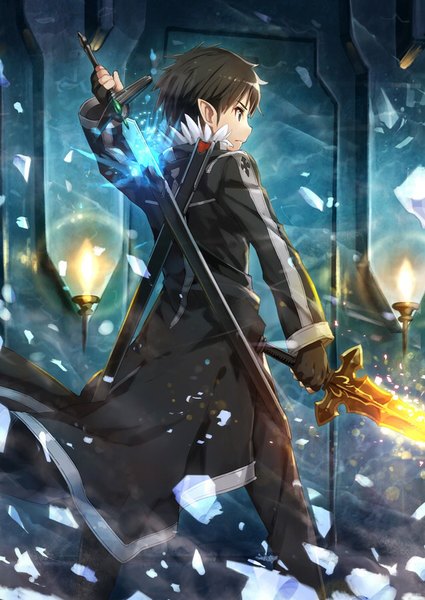 Anime picture 637x900 with sword art online a-1 pictures kirigaya kazuto gabiran single tall image short hair black hair profile pointy ears black eyes glowing sheathed unsheathing glowing weapon boy gloves weapon sword black gloves