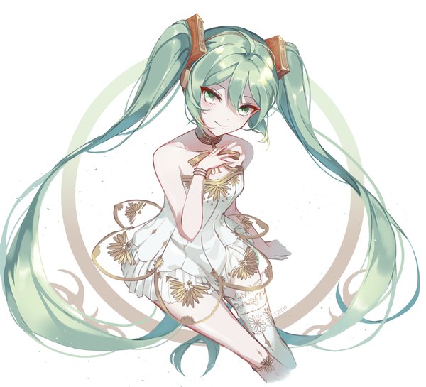 Anime picture 1800x1637 with vocaloid miku symphony (vocaloid) hatsune miku gramophone miku t11830 single looking at viewer fringe highres simple background smile hair between eyes white background twintails green eyes signed very long hair green hair hand on chest girl