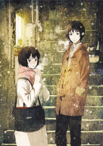 Anime picture 4285x6067 with no.6 studio bones shion (no.6) safu (no.6) humi (artist) tall image highres short hair black hair absurdres black eyes snowing winter exhalation cold girl boy scarf stairs