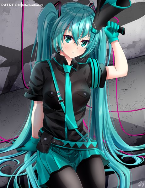 Anime picture 1308x1700 with vocaloid koi wa sensou (vocaloid) hatsune miku helvetica std single tall image looking at viewer blush fringe breasts hair between eyes sitting twintails holding payot very long hair parted lips pleated skirt arm up aqua eyes