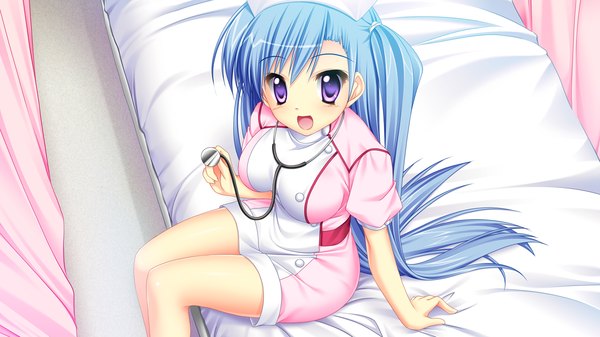 イラスト 1280x720 と 現在（いま）もいつかもふぁるなルナ mitsuki aimi 神谷ともえ ソロ 長髪 カメラ目線 開いた口 light erotic wide image 座る 紫目 青い髪 game cg nurse 女の子 hospital