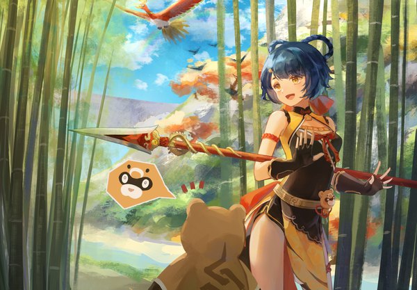 Anime picture 2609x1812 with pokemon genshin impact nintendo xiangling (genshin impact) guoba (genshin impact) ho-oh flameaqua single highres short hair open mouth yellow eyes blue hair looking away sky cloud (clouds) outdoors traditional clothes :d chinese clothes