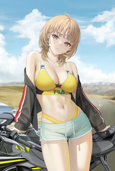 Anime picture 1890x2786 with original fila tokkihouse single long hair tall image looking at viewer blush fringe highres breasts light erotic blonde hair large breasts standing green eyes sky cloud (clouds) blunt bangs head tilt