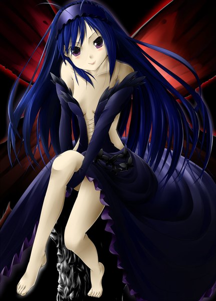 Anime picture 1400x1947 with accel world sunrise (studio) kuroyukihime single long hair tall image looking at viewer blush smile sitting purple eyes bare shoulders blue hair barefoot bare legs legs leg hug insect wings butterfly wings girl