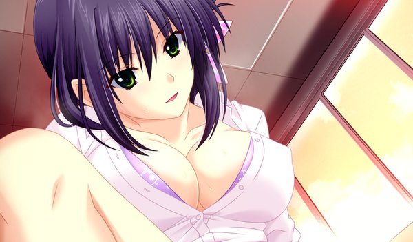 Anime picture 1024x600 with erotica yuuwaku kenshuu hajimaruyo short hair breasts light erotic black hair wide image green eyes game cg girl shirt