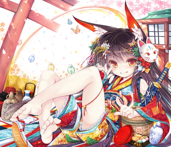 Anime-Bild 3541x3040 mit original nagomi single long hair looking at viewer fringe highres smile brown hair animal ears absurdres traditional clothes japanese clothes barefoot bare legs orange eyes grin cherry blossoms soles sheathed
