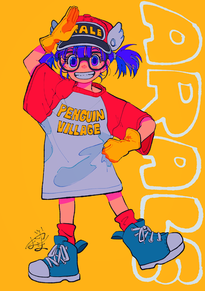 Anime picture 1743x2470 with dr. slump toei animation norimaki arale mago oowarawa single tall image looking at viewer highres short hair simple background smile purple eyes twintails blue hair full body character names hand on hip grin short twintails yellow background