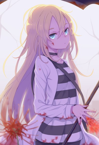 Anime picture 682x1000 with satsuriku no tenshi ray (satsuriku no tenshi) somnium single long hair tall image looking at viewer fringe blonde hair hair between eyes upper body long sleeves head tilt aqua eyes :o light striped blood on face bloody clothes bloody weapon