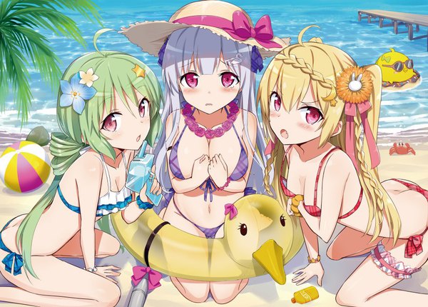 Anime picture 917x658 with azur lane manjuu (azur lane) cygnet (azur lane) crescent (azur lane) cygnet (sea star on shore) (azur lane) comet (azur lane) gotyou long hair looking at viewer blush fringe breasts open mouth light erotic blonde hair hair between eyes red eyes multiple girls cleavage silver hair