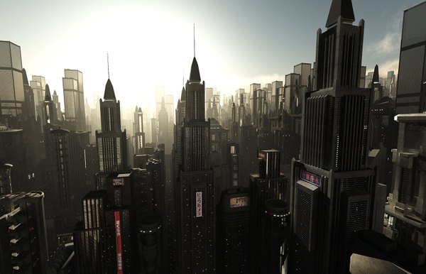 Anime picture 1600x1030 with henryezm (artist) sky city cityscape no people building (buildings) sun skyscraper