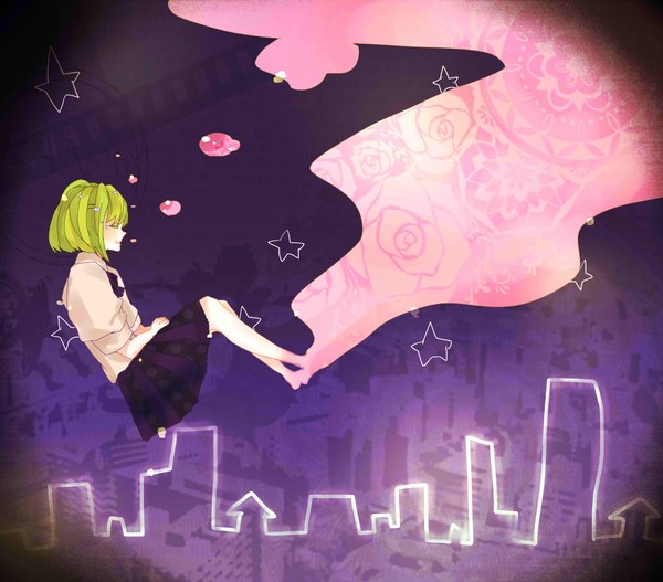 Anime picture 2273x2000 with vocaloid gumi single highres short hair smile eyes closed barefoot green hair girl skirt shirt star (symbol) bubble (bubbles)