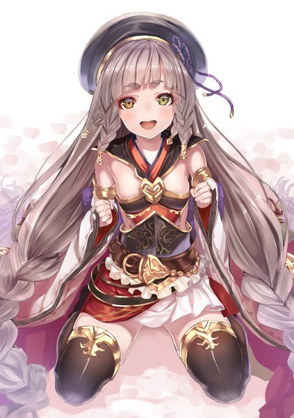 Anime picture 1062x1505 with granblue fantasy pholia shimofuri single tall image looking at viewer blush fringe open mouth light erotic simple background smile white background sitting green eyes yellow eyes blunt bangs braid (braids) very long hair :d
