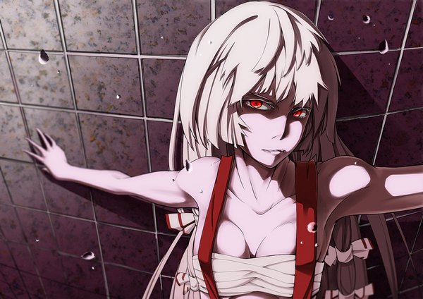 Anime picture 1190x842 with touhou fujiwara no mokou narrow single long hair looking at viewer fringe light erotic red eyes cleavage silver hair lips no bra armpit (armpits) sleeveless spread arms topless girl bow hair bow